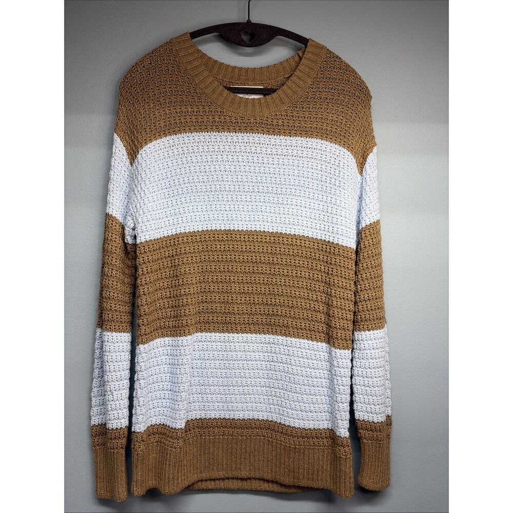 Old Navy Crochet Sweater - Women's Sz Small Tunic Length Brown/Lt Blue Stripes